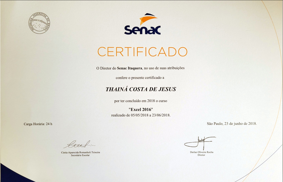 Certificado Excel SENAC